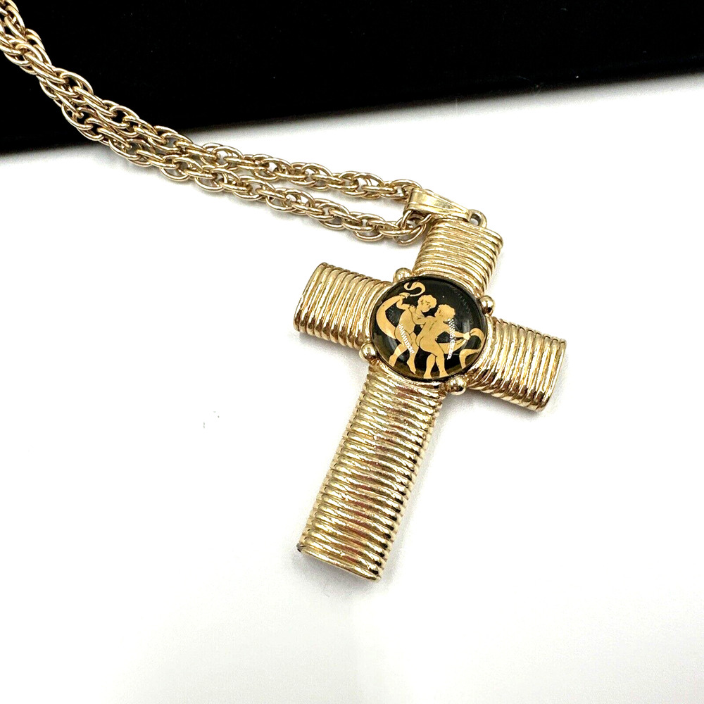 RARE Jeane Dixon Cross Necklace Gemini Astrology Zodiac Sign Gold Tone HEAVY VTG